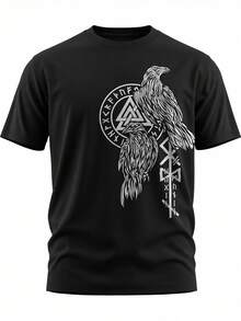 Men's T-Shirt With Nordic Mythology And Viking Motifs – Odin, Raven, Hugin, Munin, , Rune Design, 100% Cotton, Casual Round-Neck Short-Sleeve S - Black - View 1