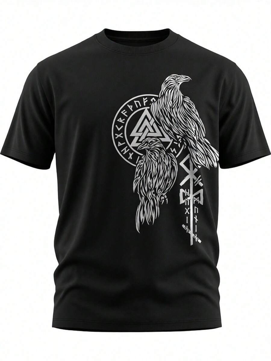 Men's T-Shirt With Nordic Mythology And Viking Motifs – Odin, Raven, Hugin, Munin, , Rune Design, 100% Cotton, Casual Round-Neck Short-Sleeve S - Black - View 1