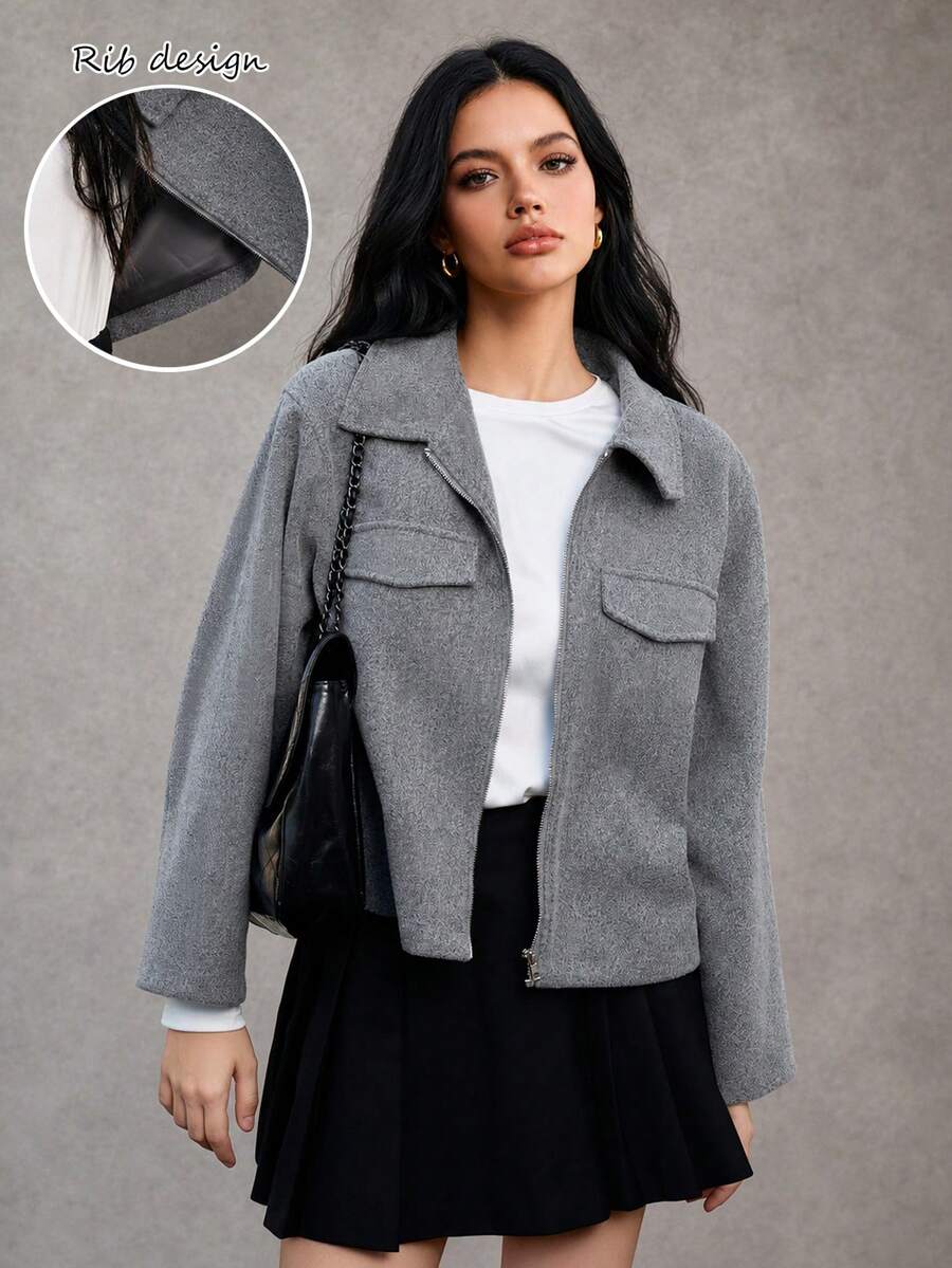 Mantel Wanita Ukuran Besar, Jaket Lengan Pendek dengan Kerah, Cocok untuk Kegiatan Sehari-hari dan Perjalanan. - Grey - View 1