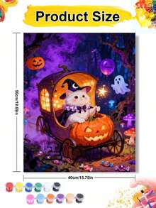 Pintura al óleo por números DIY de gato bruja lindo, calabaza y carruaje de Halloween en lienzo, manualidades para adultos, decoración del hogar, regalo festivo - Conjuntos - Ver 8