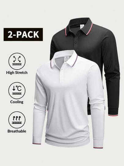 2pcs Men's Long Sleeve Polo Shirts, Casual Versatile Tops, Inner Layer Polo T-Shirts, Suitable For Indoor Sports, Fitness, Commuting And Daily Wear