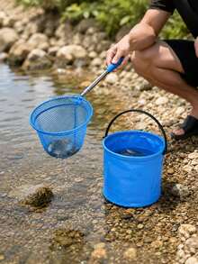 2pcs Stainless Steel Sieve Outdoor Beach Shell Collection Bucket Set, Includes Fishing Net And Foldable Bucket, Suitable For Collecting Shells, Catching Crabs And Other Outdoor Leisure Activities - 2PC - View 2