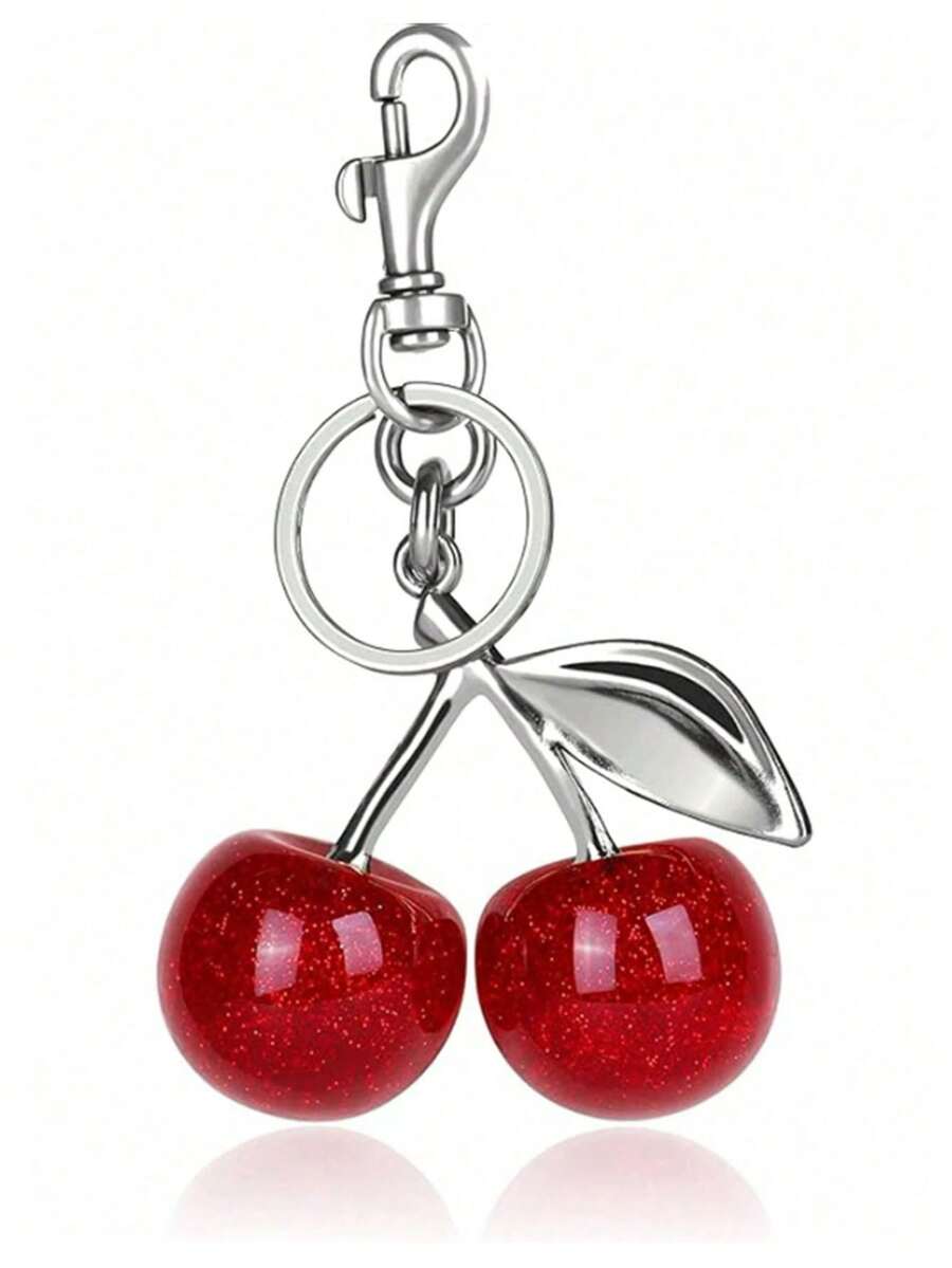 1pc Unique Shiny Cherry Shaped Pendant, Keychain Pendant, Cherry Decor Keychain With Buckle, Suitable As Bag Accessory, Bag Charm, Travel Portable - View 1