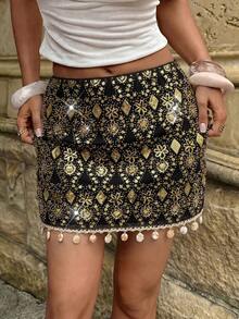 Women's Fitted Mini Skirt, Sequin Geometric Pattern, Shell Bead Fringe Hem, Suitable For Hot Girl Club Party And Music Festival - Black - View 8