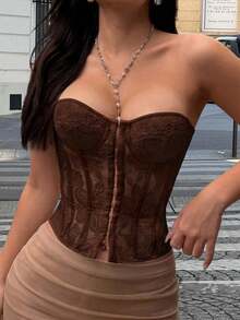 Apperloth A Y2K 花卉刺繡 Bustier 半透網紗前扣式開襟 後背綁帶露背塑形抹胸上衣 夏季款 - 咖啡 - 查看 2