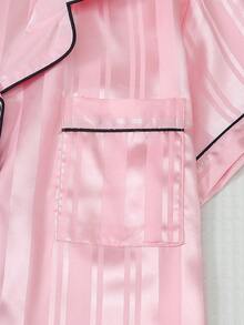 2件組緞面條紋短袖翻領上衣與蝴蝶結短褲女款睡衣家居服套裝 - 粉色 - 查看 5