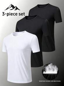 3pcs/Pack Men's Summer Sports Tops Solid Color Short Sleeve T-Shirts, Suitable For Fitness Training - Multicolor - View 2