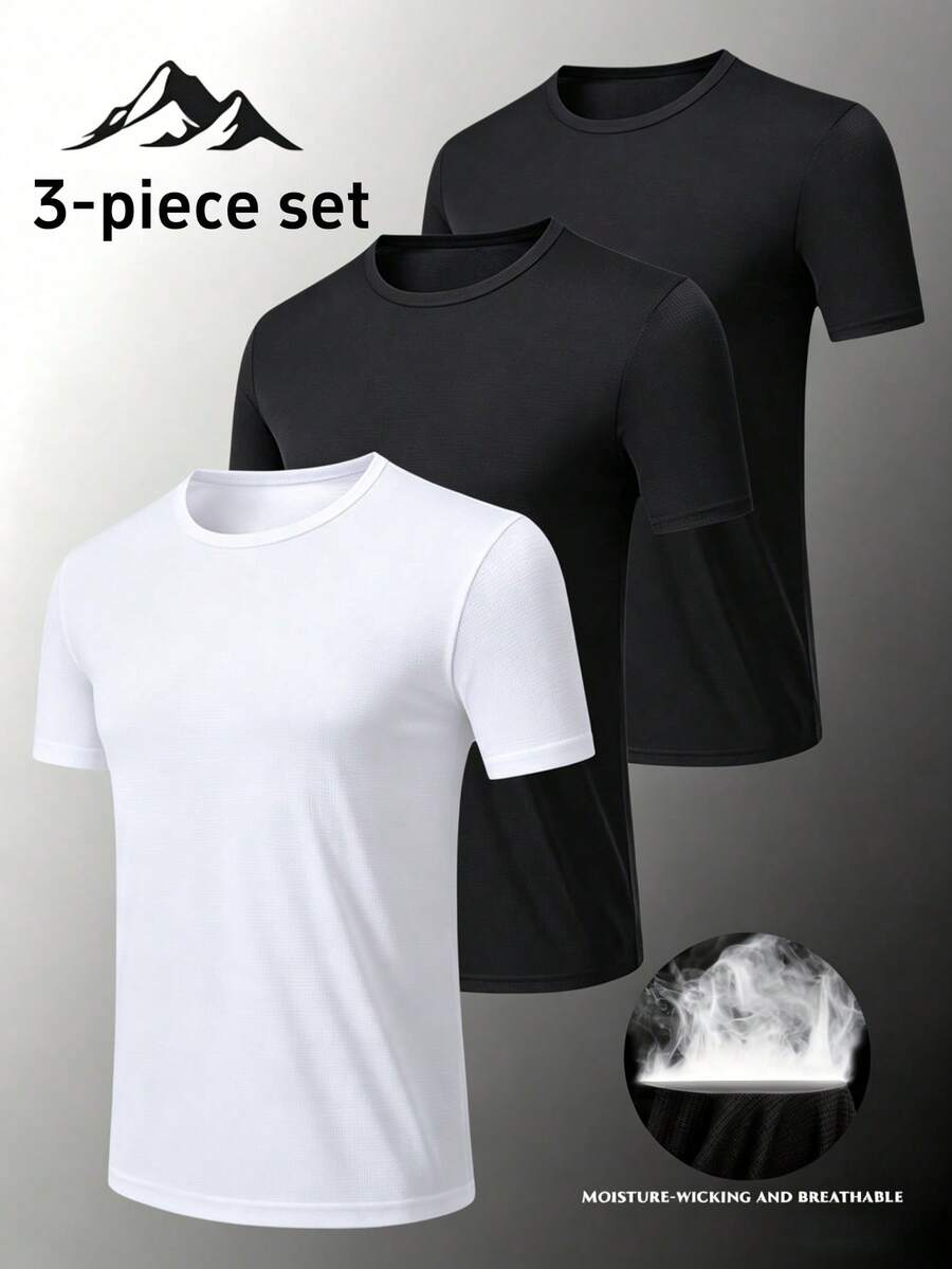 3pcs/Pack Men's Summer Sports Tops Solid Color Short Sleeve T-Shirts, Suitable For Fitness Training - Multicolor - View 1