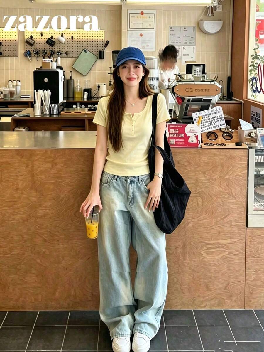 女款純色圓領修身顯瘦彈性輕盈舒適白色微透短袖正肩百搭T恤上衣 夏季 - 黃色 - 查看 1