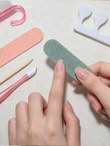6pcs Pink Manicure & Pedicure Tool Set, Includes Nail File, Sponge Polishing Strip, Nail Brush, Dead Skin Trimmer, Wooden Stick And Foam Toe Separator, Portable Home Use, With Laser Gold Texture Packaging Storage Bag, DIY Nail Care Set - Black - View 3