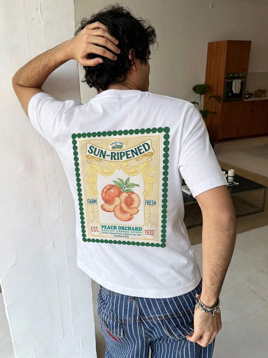 Men's Casual Vacation Minimalist Peach Fruit Print Round Neck Short Sleeve Summer T-Shirt - White - View 1