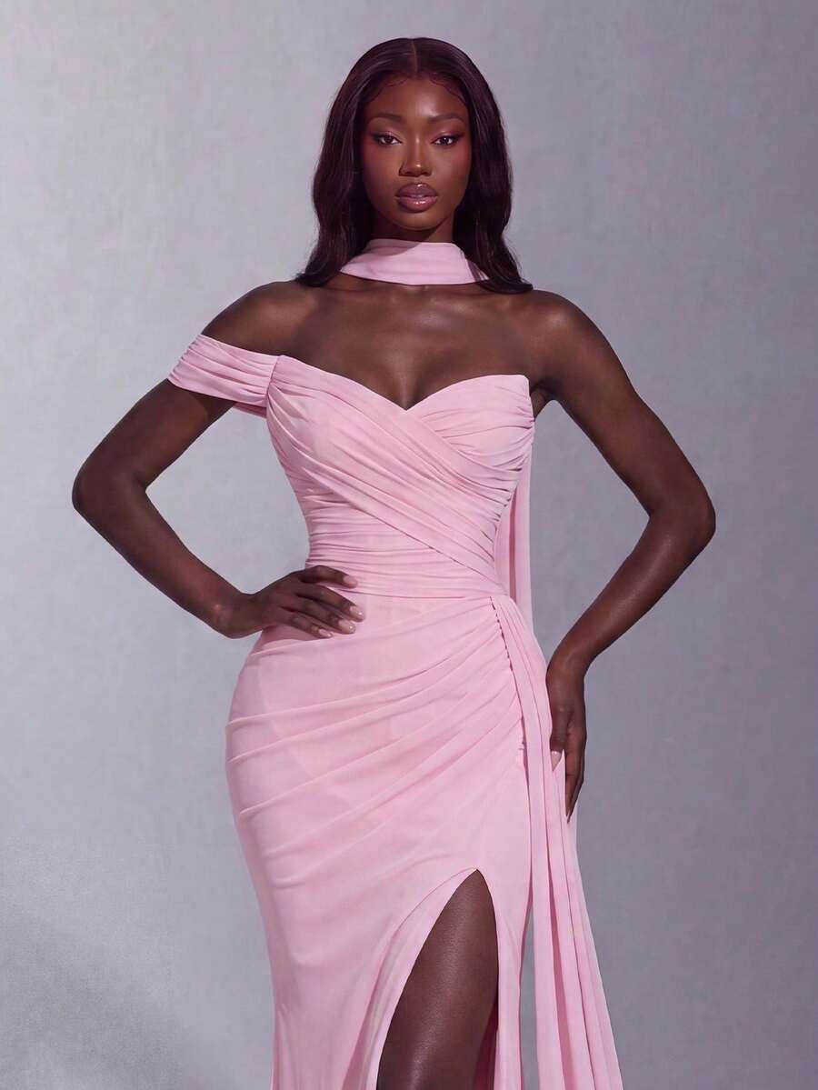 Elegant Open Shoulder Choker Neckline Ruched Fitted Long Dress, High Slit Slim Silhouette Wedding Party Pink - Pink - View 1