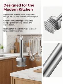 Thickened 304 Stainless Steel Automatic Spring-Back Meat Tenderizer. Meat Softener. Needle Matrix Cuts Meat Fibers Without Flattening The Meat, Locking In Juices; Marinating Efficiency Increased 5 Times, Shortening Cooking Time And Preventing Meat Shrinkage Under Heat. Suitable For Tenderizing And Flavoring Pre-Treatment Of Beef Steak, Pork Chop, Chicken Breast And Other Meats - Multicolor - View 3
