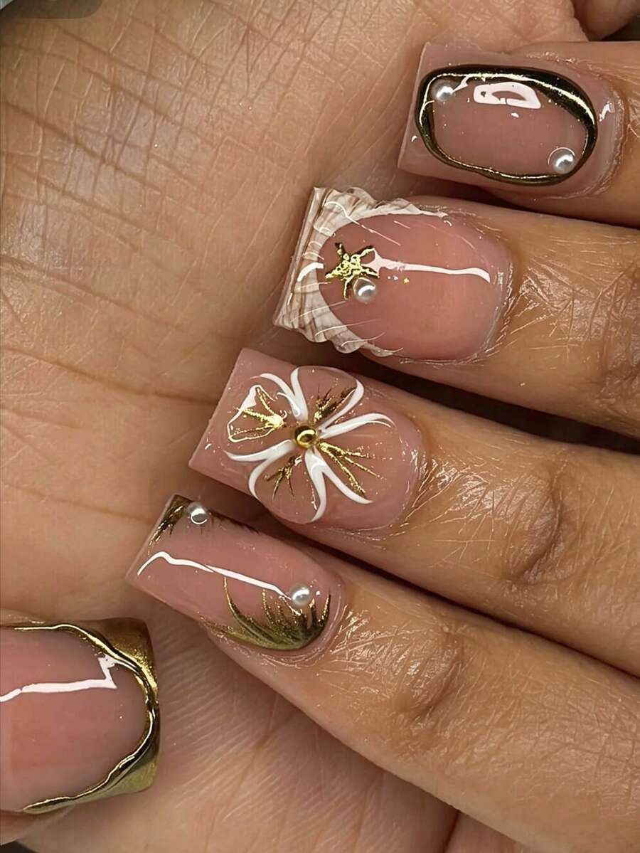 24pcs Short Square 3D Gold Glitter French Press-On Nails With Rhinestones, Acrylic Nail Tips, Includes Jelly Glue And Nail File, Suitable For Parties, Events, Daily Wear. Suitable For Women And Girls. Includes Nail Tools. Shapeable Nail Set - Multicolor - View 1
