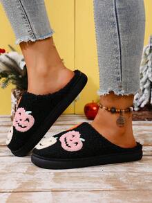 3 Pairs Pumpkin Style Fashion Party Slippers Women's Autumn/Winter Home Indoor Plush Warm Slip-On Women's Slippers,Halloween - Black - View 6