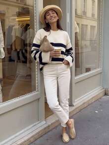 Suéter holgado de cuello redondo con hombros caídos y rayas negras en color blanco roto para mujer VIBEWAVE, top de punto casual para primavera y otoño, para ir al trabajo y viajar - Blanco y Negro - Ver 9