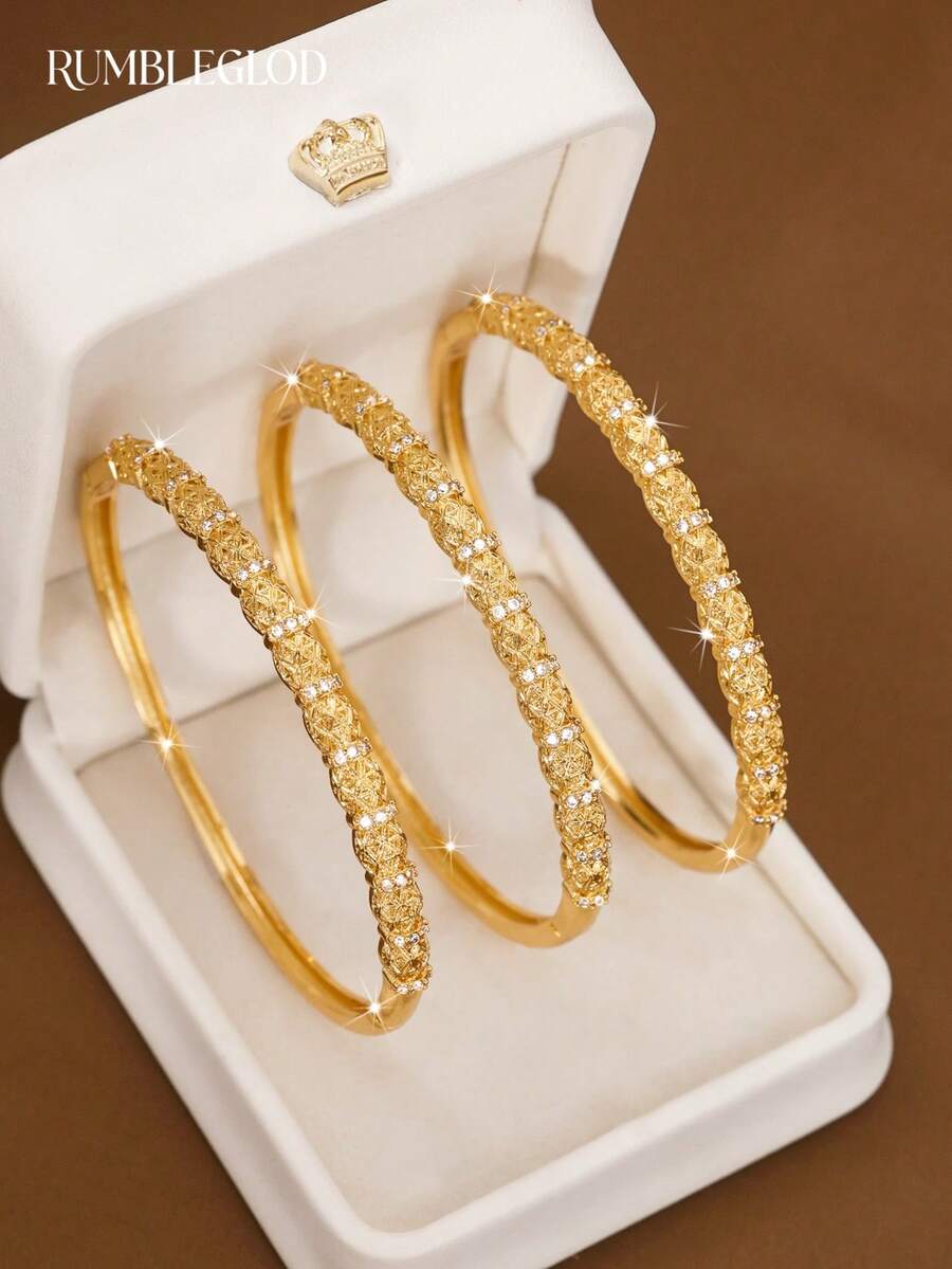 1/2/3 Pcs Classic Shiny Cubic Zirconia Bamboo Texture Bangle Bracelet, 60mm Diameter, Openable, Suitable For Women's Daily Wear, No Packaging - Yellow Gold - View 1