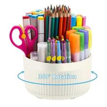 360° Rotating Desktop Organizer Drawer Rack, Plastic Office Desktop Storage Box, 5-Compartment Design, Multi-Functional Pencil, Marker, Scissors And Stationery Storage, Back To School Supplies, Office Desktop Accessories, Odorless Striped Design - White - View 2