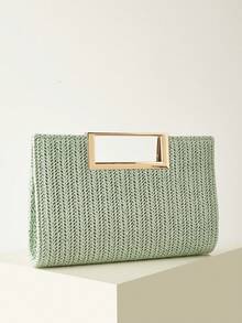 AIBBYDAR Borsa a mano da donna verde menta alla moda intrecciata, vacanza, spiaggia, borsa a tracolla versatile da donna, casual, minimalista, spiaggia, accessorio essenziale per le vacanze - Menta Verde - Visualizzare 4