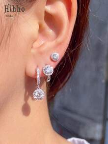 Hihho 6pcs/Set Dual-Color Round Pendant Zirconia Ear Cuff Set, Fresh Sweet Luxury Style, Based On Gold And Silver Dual-Color, Featuring 3D Round Shape + Trapezoidal Zirconia Inlay + Full Rhinestone Ear Hoop Combination, Dynamic And Fresh Design, Transparent And Sparkling Zirconia, Combining Youthful Charm And Exquisite Luxury, Suitable For Full Ear Stacking, Daily Commute, Dating, Best Friend Gift, Spring Outfit And More - Round Pendant Set - View 4
