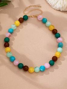1/2pcs Layered Mixed Color Resin Beaded Necklace Set, Multi-Color Exaggerated Round Ball Choker, Women's Bold Dual-Tone Layered Bead Necklace - Multicolor - View 2