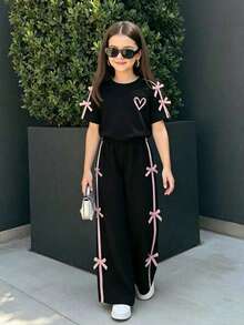 Tween Girl Heart Print Round Neck Short Sleeve Top And Pants Set - Black - View 1