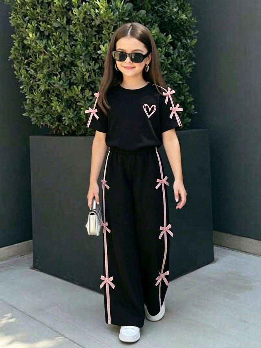 Tween Girl Heart Print Round Neck Short Sleeve Top And Pants Set - Black - View 1