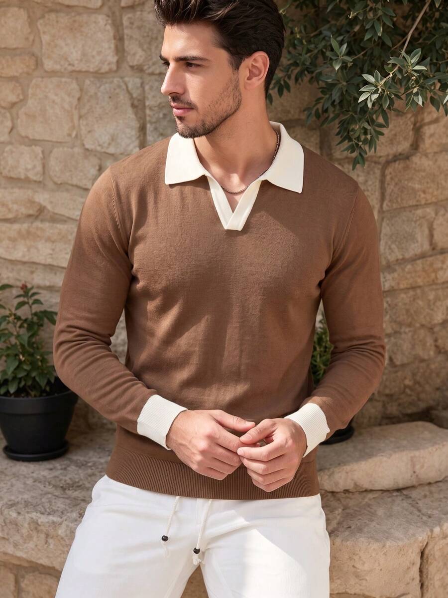 ALTZTAR Men's Patchwork Seagull Collar Long Sleeve Ribbed Knit Sweater - Rust Brown - View 1