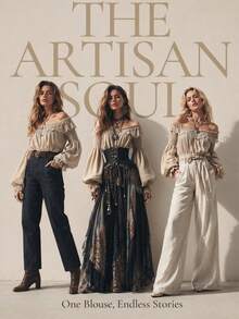 Vintage Off Shoulder Lace Trim Blouse, Pleated Front Balloon Long Sleeve Top With Ruffled Cuffs, Gothic Boho Women Casual Long Sleeve Shirt - 杏色 - 查看 3