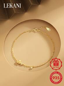 LEKANI 1 件 S925 纯银手链，复古玫瑰和心形锆石镀金简约时尚百搭手链，送给最好的朋友/女朋友的礼物，日常佩戴配饰 - 金色 - 查看 1