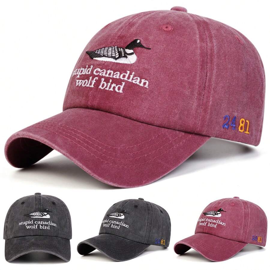 1pc Women's STUPID CANADIAN WOLF BIRD Letter Embroidered Washed Baseball Cap, Street Fashion Hat, Outdoor Sun Protection Casual Cap, Spring/Autumn Travel Beach Vacation - Multicolor - View 1