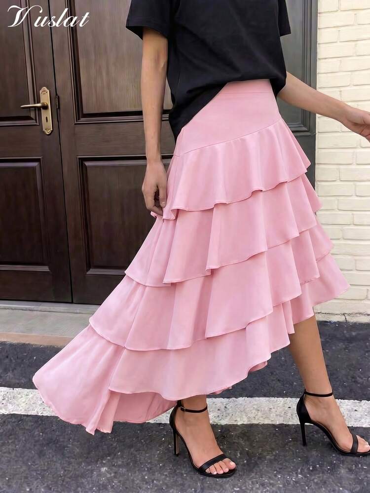 Vuslat Women's Solid Color Asymmetrical Hem Layered Ruffle High Waist Flare Maxi Dress, Suitable For Evening Gala, Cocktail Party, Wedding Guest, Valentine's Day, New Year - Baby Pink - View 4