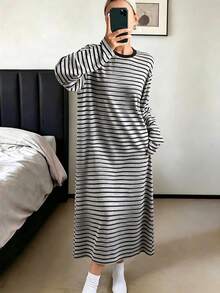 女款條紋印花休閒舒適長袖洋裝，柔軟舒適居家服洋裝，適合秋冬穿著 - 彩色 - 查看 4