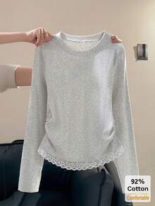 Autumn Lace Patchwork Long Sleeve T-Shirt, Grey Floral Color Top, Women's Versatile Slimming Solid Color Inner Layer Base Shirt - Gray - View 1
