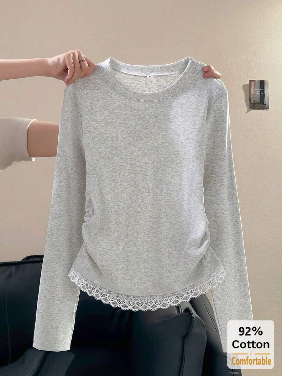 Autumn Lace Patchwork Long Sleeve T-Shirt, Grey Floral Color Top, Women's Versatile Slimming Solid Color Inner Layer Base Shirt - Gray - View 1