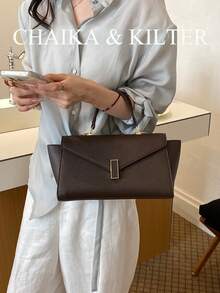 CHAIKA & KILTER 1件裝純色PU布料女款時尚翼型手提包，金屬鎖扣開合，頂部單手柄，可拆卸可調節肩帶，可手提、肩背或斜背，適合日常購物 - 咖啡 - 查看 5