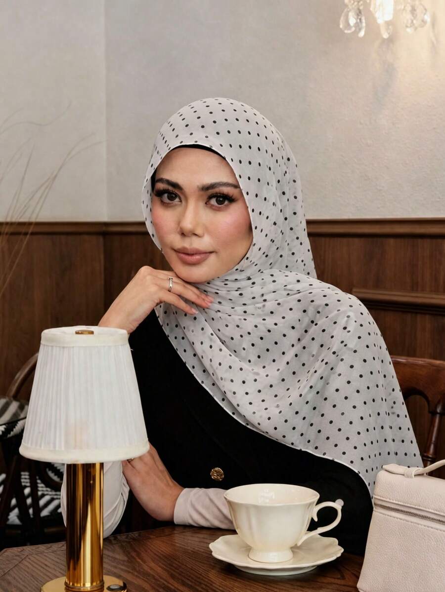 1pc Women's Casual Elegant Chiffon Polka Dot Scarf/Headscarf/Headband, French Luxury Abaya Accessory, Suitable For Daily Wear And Party