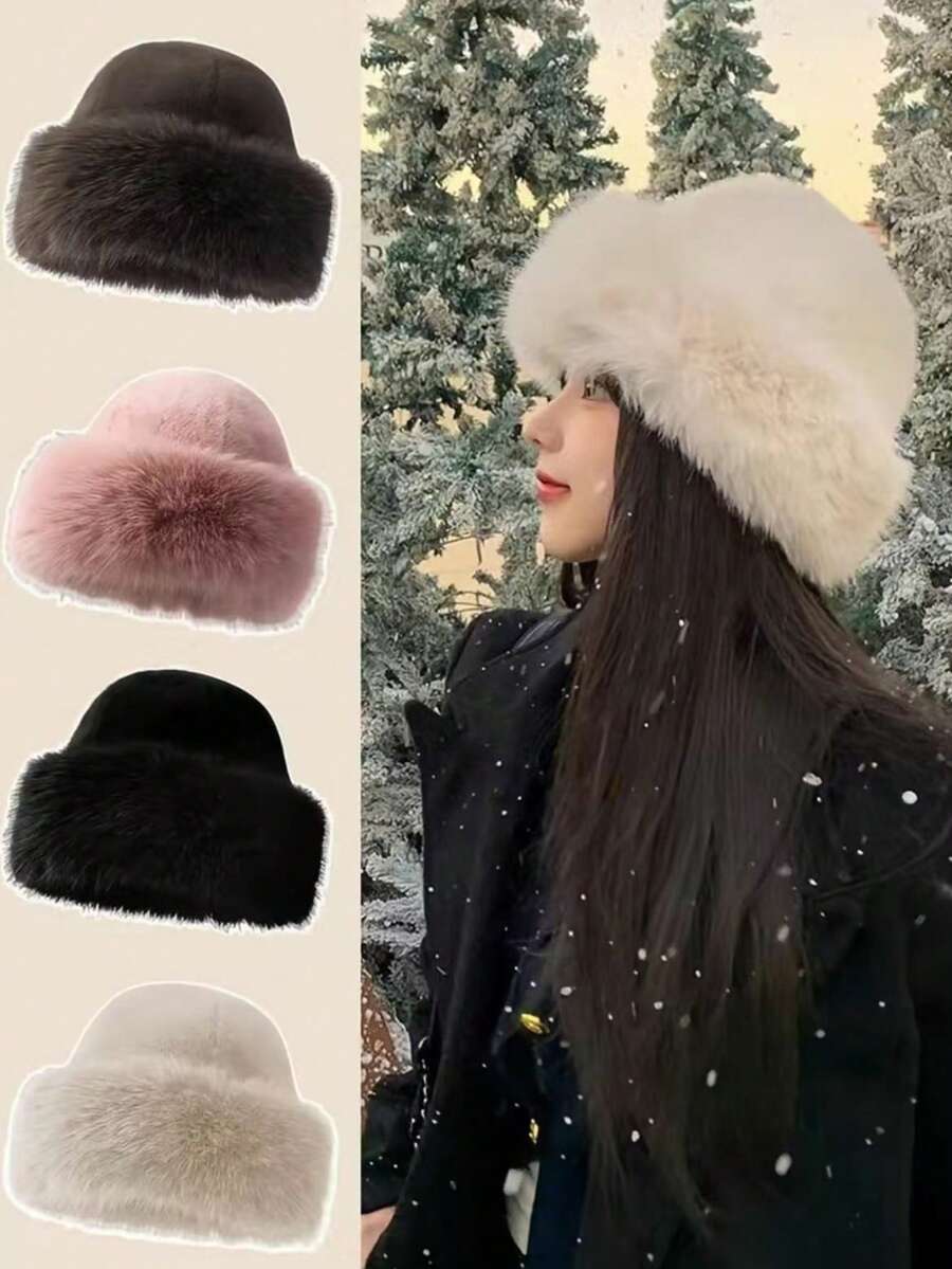 女款冬季狐狸毛針織帽,厚實保暖護耳針織帽,可手洗,完美節日禮物,精緻人造皮革設計 - A - View 1
