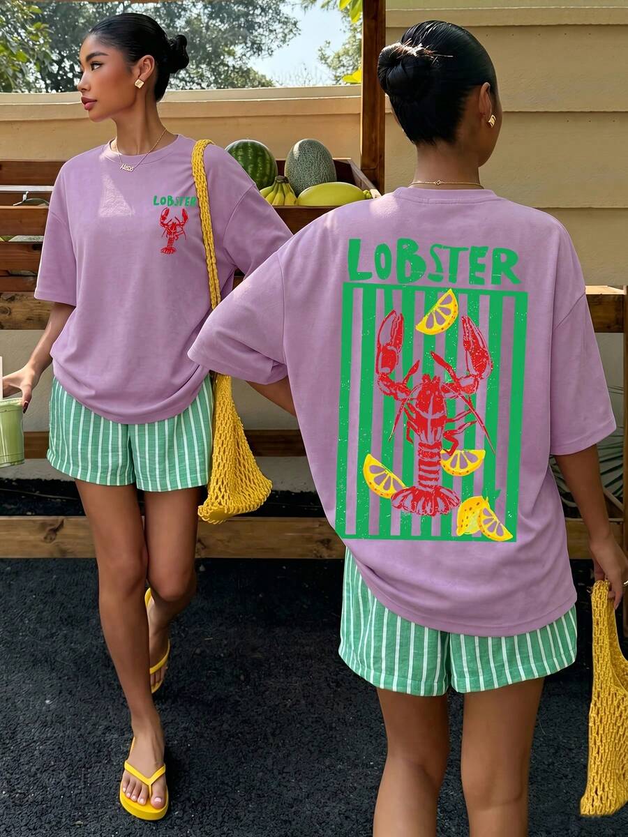 Imprimé Homard Rouge avec Rayures Citron, ample, streetwear de plage, streetwear, t-shirts en coton surdimensionnés pour femmes - Prune - Voir 1