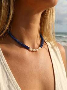 1 pieza Collar de cuentas de piedra natural geométrica redonda plana estilo bohemio europeo & americano con perla de agua dulce, accesorios de acero inoxidable, para mujeres, verano playa vacaciones - Collar de perlas y cuentas hecho a mano - Ver 7