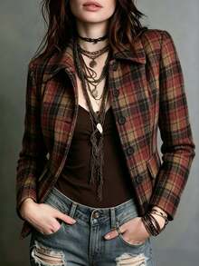 Women's Plaid Woven Fabric Long Sleeve Button Coat, Autumn Style, Regular Fit Collar Design - Multicolor - View 7