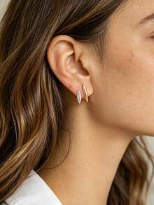 Charm-In 18K Gold Plated Brass Double Oval Stud Earrings With CZ Rhinestone Back Drop Geometric Earrings, Women's Daily Jewelry - Gold 2 - View 2