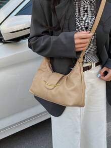 1件時尚簡約百搭PU材質女款單肩斜挎包，適合女性日常使用、旅行與度假 - 卡其色 - 查看 4