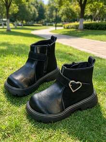 1 Pair Girls' Heart Buckle Boots, New Spring/Autumn Fashion Buckle Princess Boots, Korean Style Versatile Fashion Ankle Boots - Black - View 2
