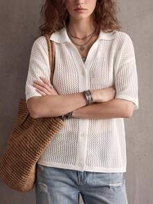 女款 Polo 領純色單排扣鏤空短袖夏季寬鬆休閒時尚針織開襟衫，海灘度假風 - 白色 - 查看 4