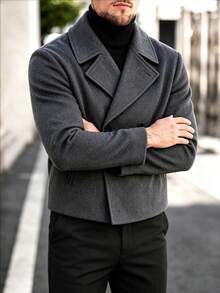 Men's Double-Breasted Wool Short Coat, Notch Lapel Side Pockets Winter Business Casual Wool Short Jacket - Dark Grey - View 4