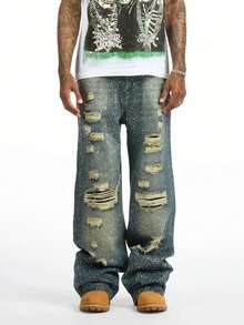 Men's Y2K Blue-Green Fashion Distressed Diamond Decor Loose Straight Leg Denim Jeans - Teal Blue - View 13