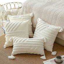 1pc White Striped Throw Pillow Cover, Minimalist Circle Plush Embroidery Cushion Case, Versatile Decor For Living Room Sofa Bedroom, Removable And Washable, Pillow Insert Not Included - White Stripe 1 - View 7
