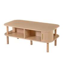 Couchtisch aus hellem Holz, 110*55*45 cm, aus MDF, Wohnzimmertisch mit Rolltür, offenen Fächern zur Aufbewahrung, Tragfähigkeit bis zu 60 kg, skandinavischer Couchtisch, Beistelltisch neben dem Sofa, Couchtisch. - Natürliche Farbe - Übersicht 7
