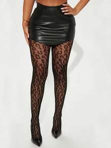 1pc Plus Size Women Sexy Leopard Print Mesh Stockings, Medium Stretch Fabric With Contrast Mesh Design - Black - View 3